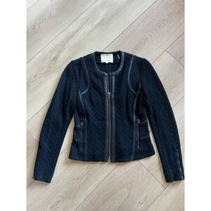 Rebecca Taylor Black Quilted Moto Jacket Leather Trim Zip Front Women's O